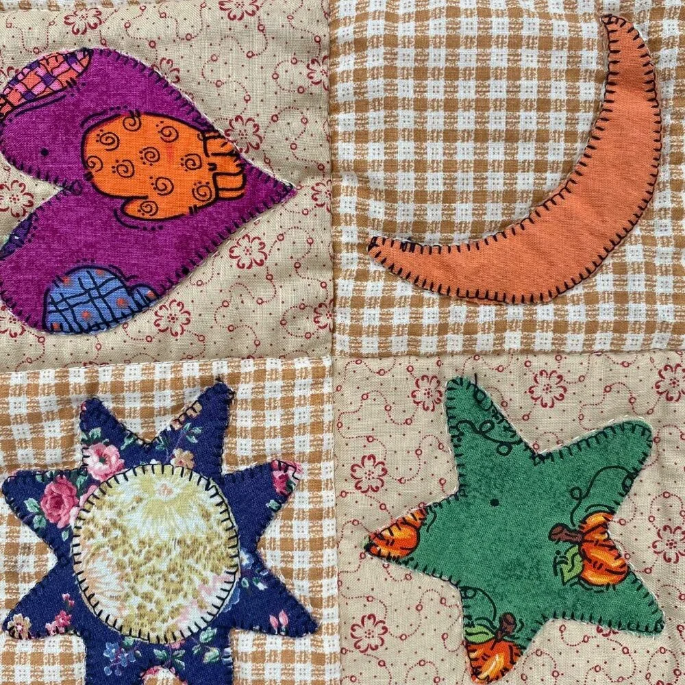 Handmade Patchwork Quilt Blanket Applique Moon Star Heart Multicolor Stripes Vtg